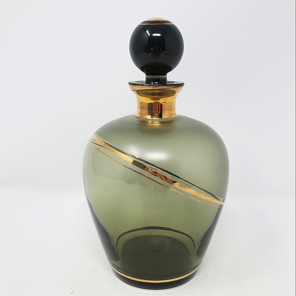 VTG Black Smoke Glass Gold Trim Decanter with Stopper